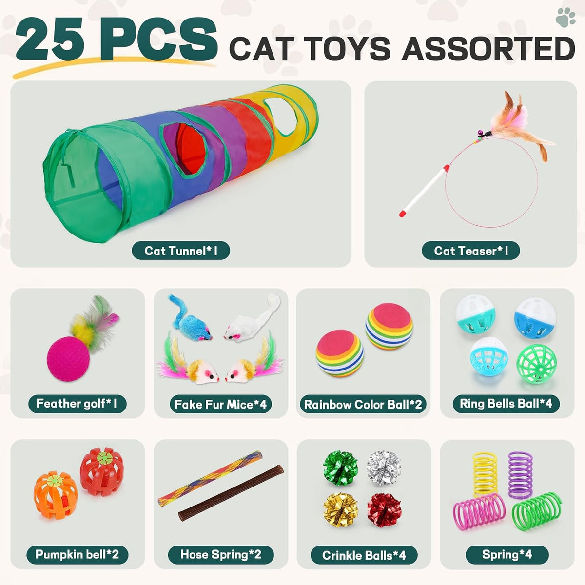 25-Piece Interactive Cat Toy Variety Pack with Rainbow Tunnel