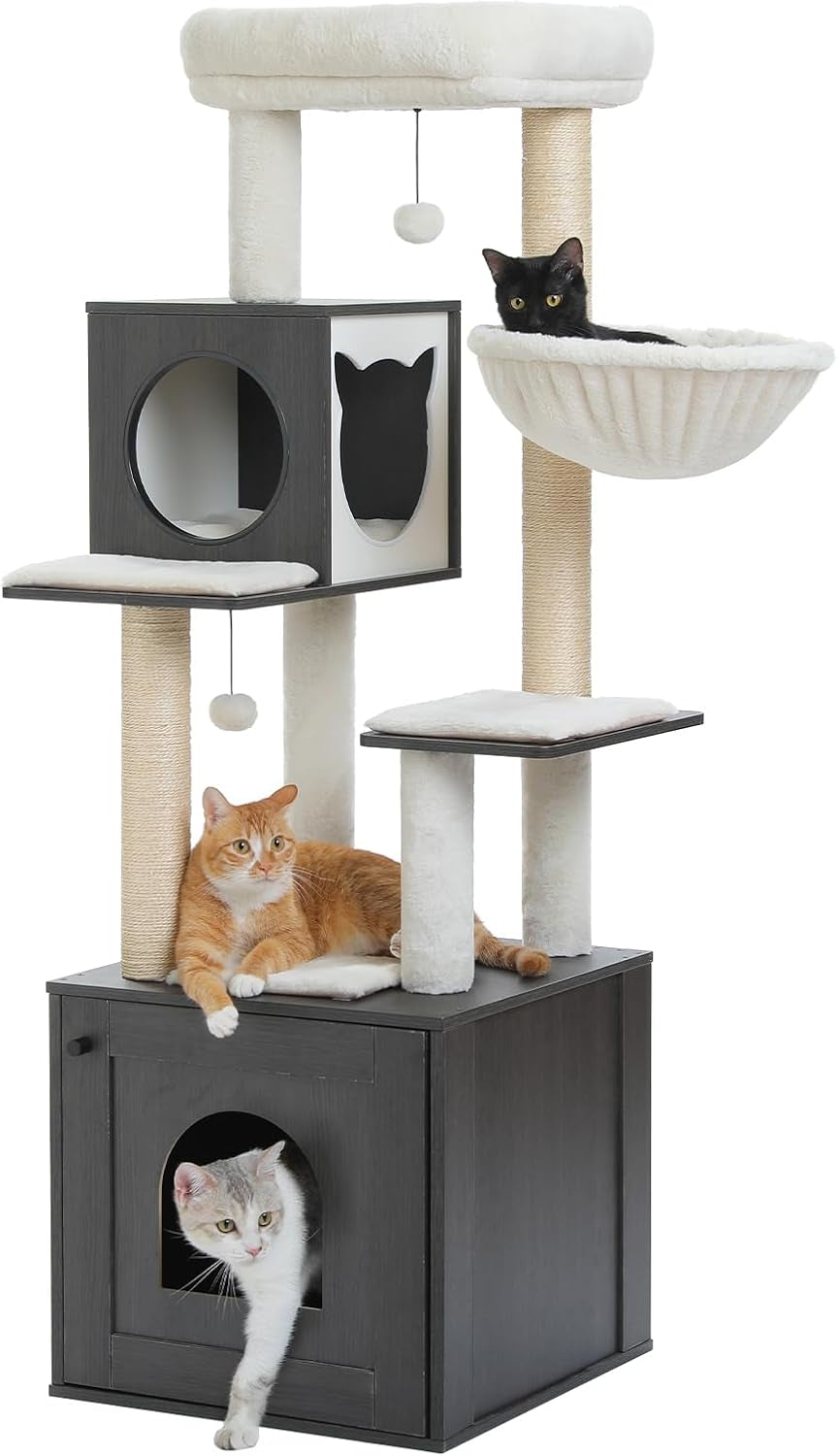 46-Inch Modern Cat Tower with Litter Box Enclosure & Hammock