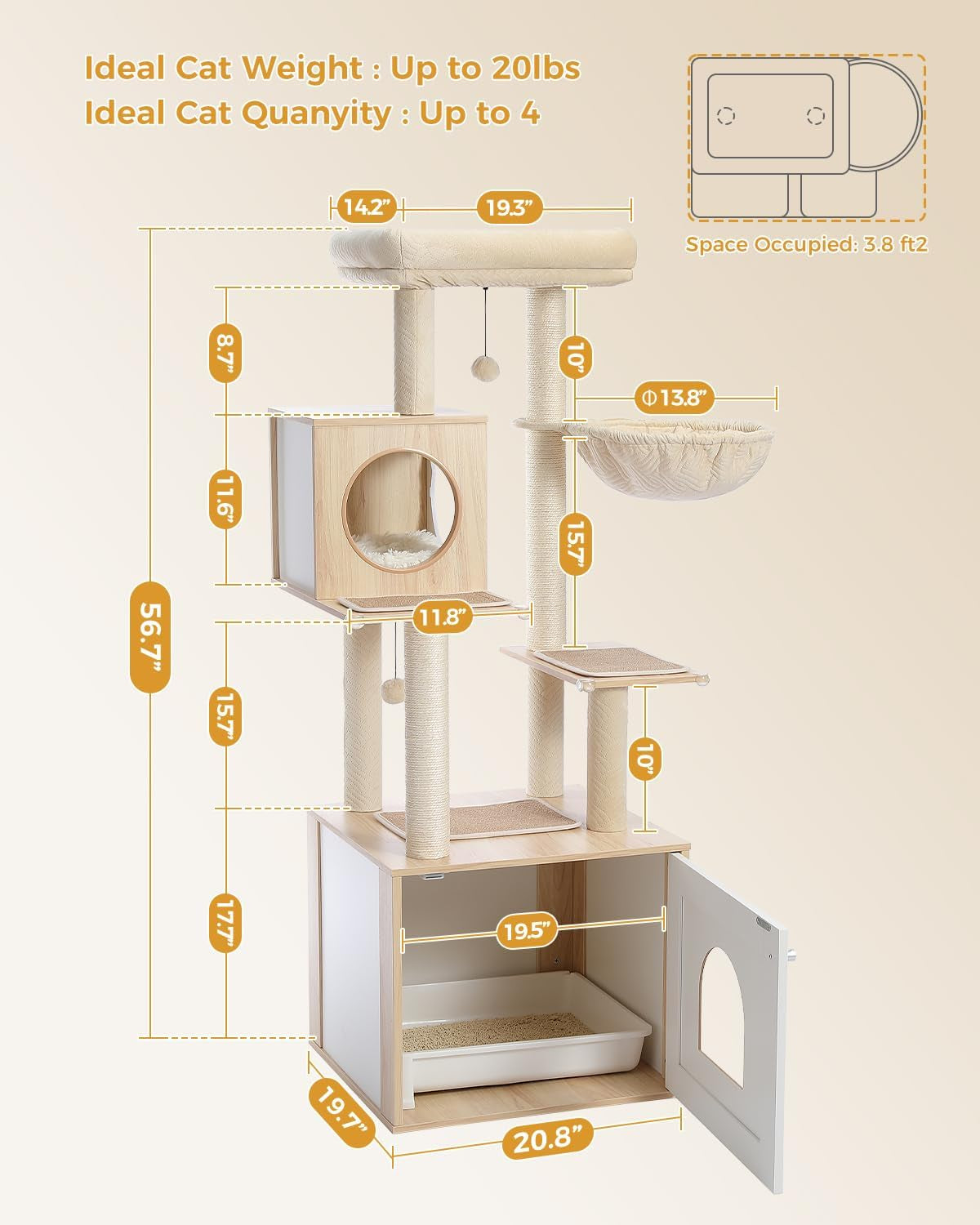 46-Inch Modern Cat Tower with Litter Box Enclosure & Hammock