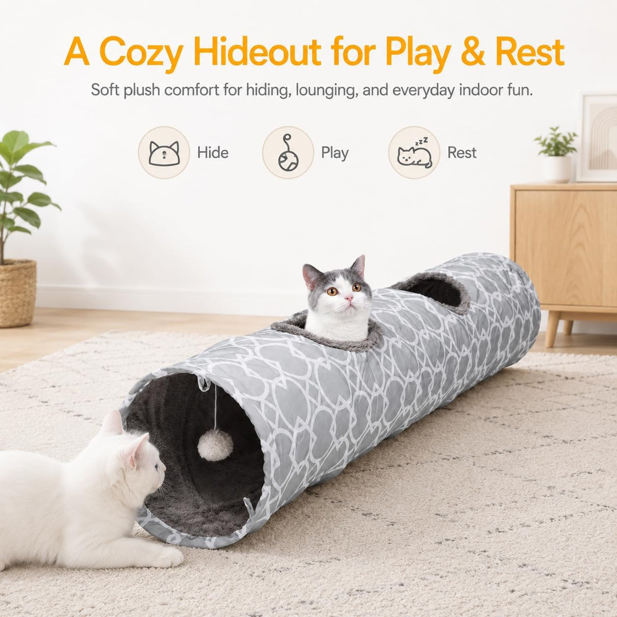 Geometric Straight Cat Tunnel with Plush Interior & Balls