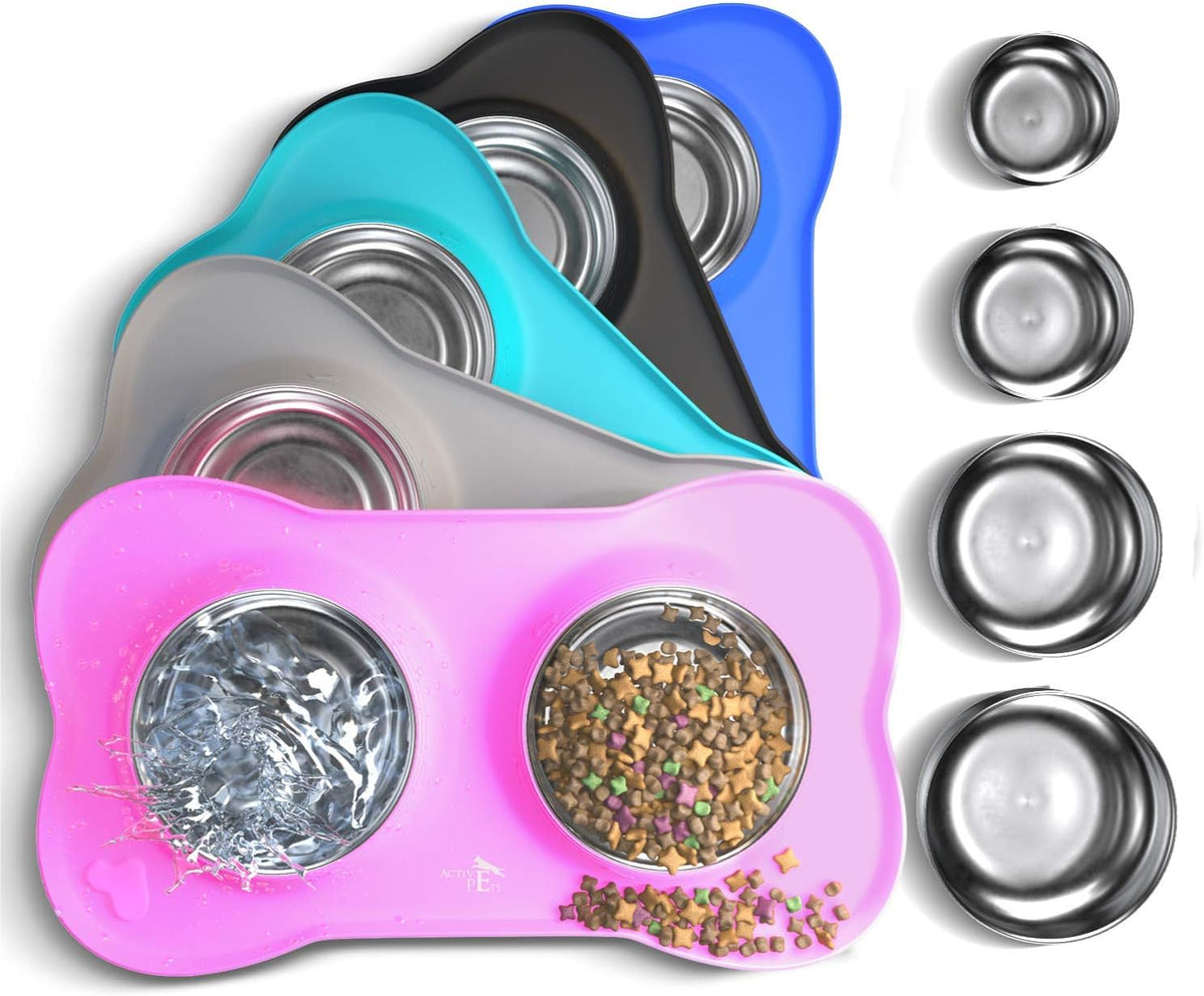 Stainless Steel No-Spill Dog Bowl Set with Silicone Mat