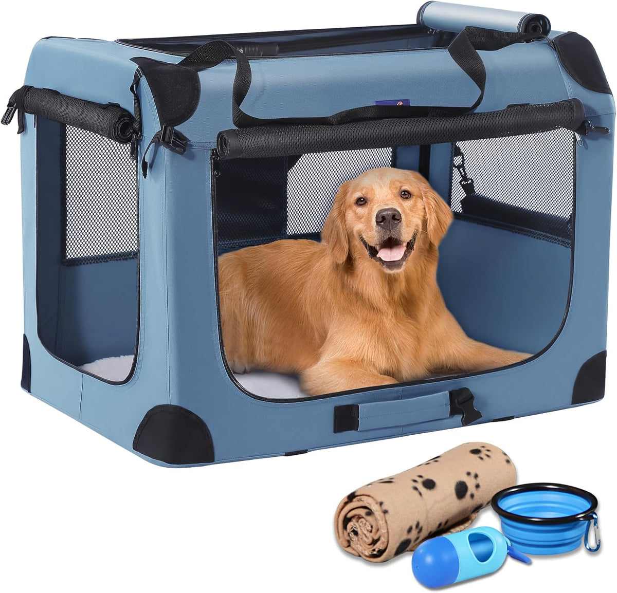 Portable Collapsible Dog Crate with Blanket & Foldable Bowl