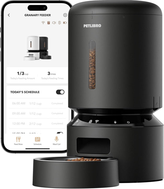 PETLIBRO Automatic Cat Feeder, 5G Wifi Pet Food Dispenser with Freshness Preservation, 5L Timed Feeder with Low Food Sensor, up to 10 Meals per Day, Granary Black