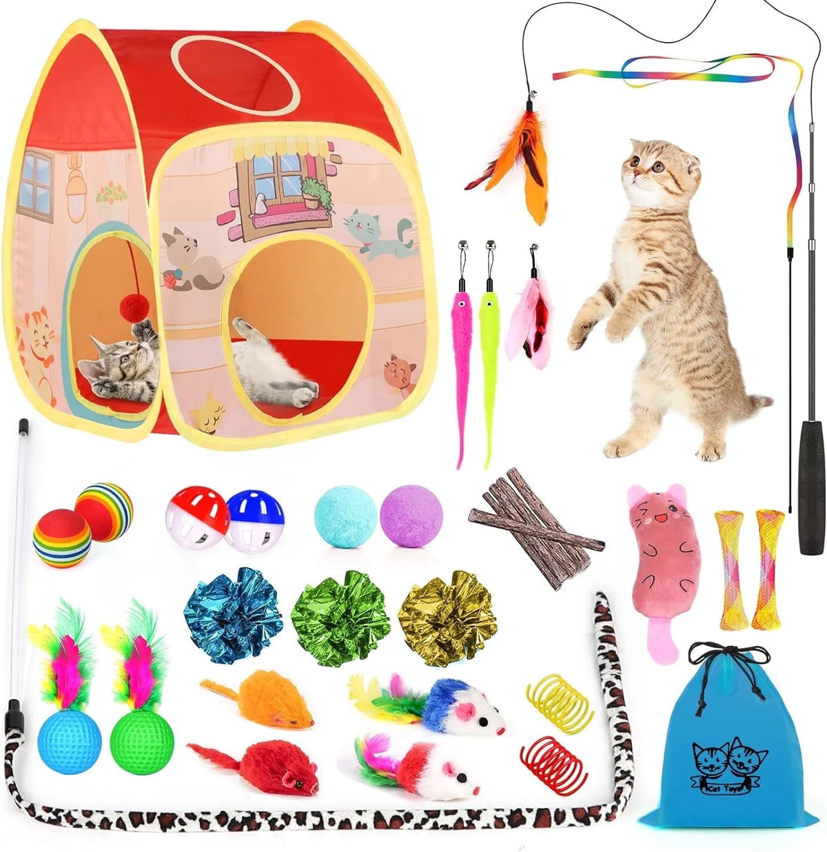 34-Piece Interactive Cat Toy Set with Collapsible Tunnel
