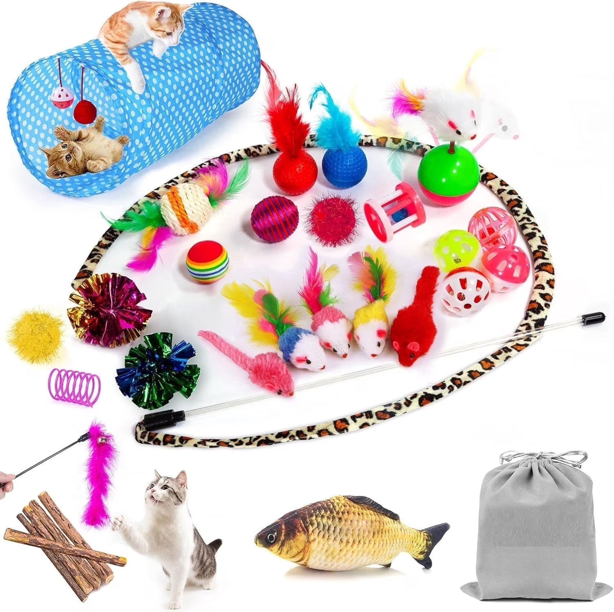34-Piece Interactive Cat Toy Set with Collapsible Tunnel