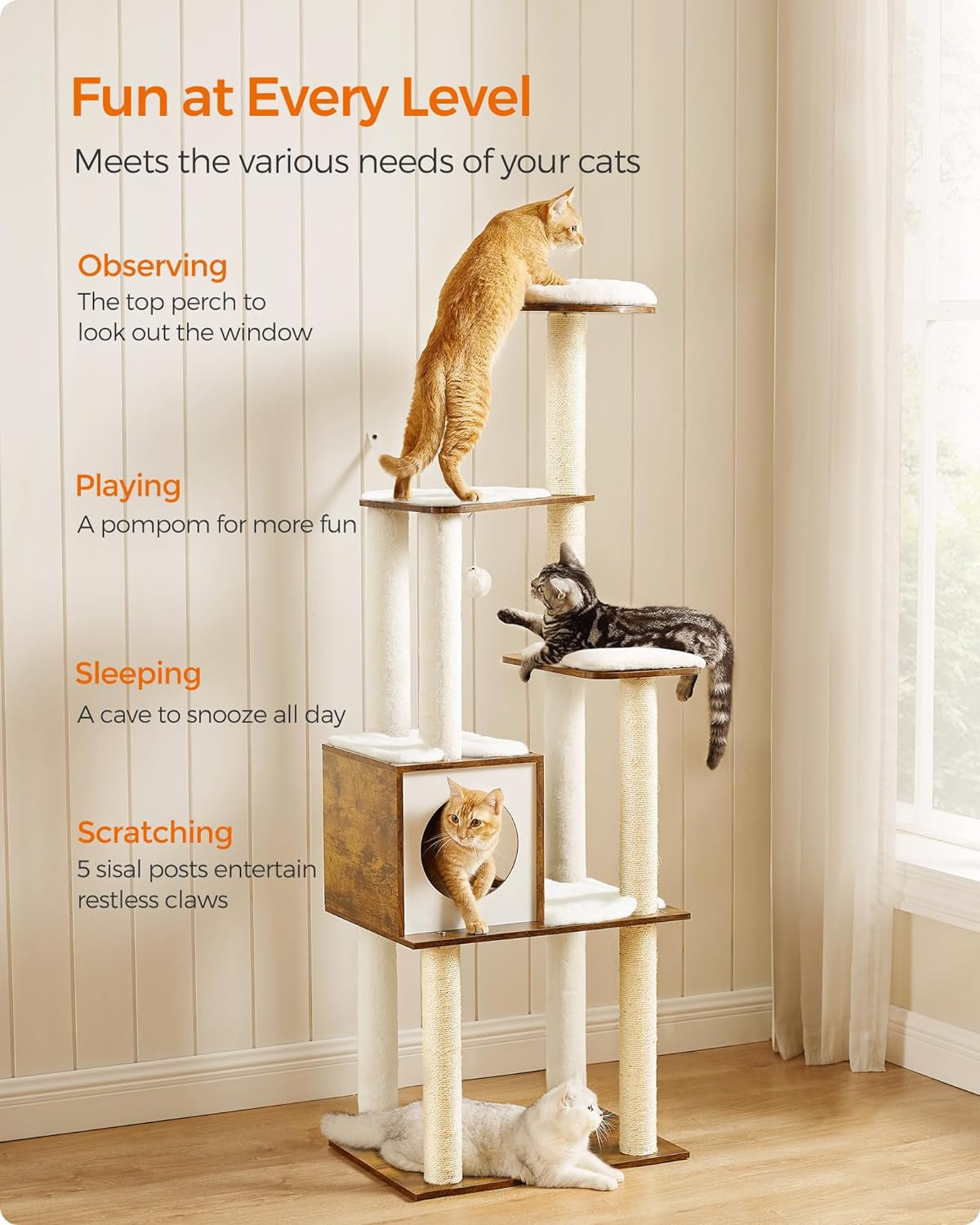 Cat Tree, 64.6-Inch Modern Cat Tower, Multi-Level Condo