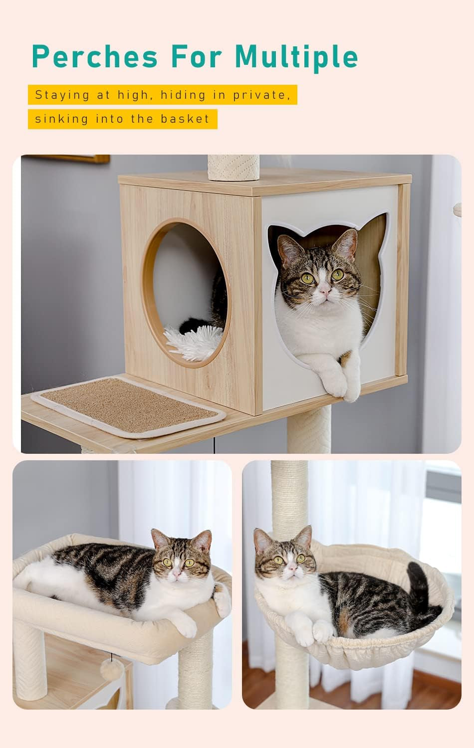 46-Inch Modern Cat Tower with Litter Box Enclosure & Hammock