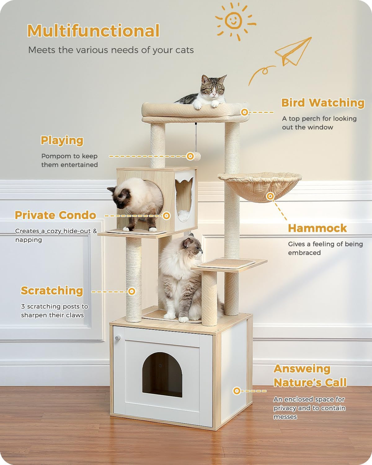 46-Inch Modern Cat Tower with Litter Box Enclosure & Hammock