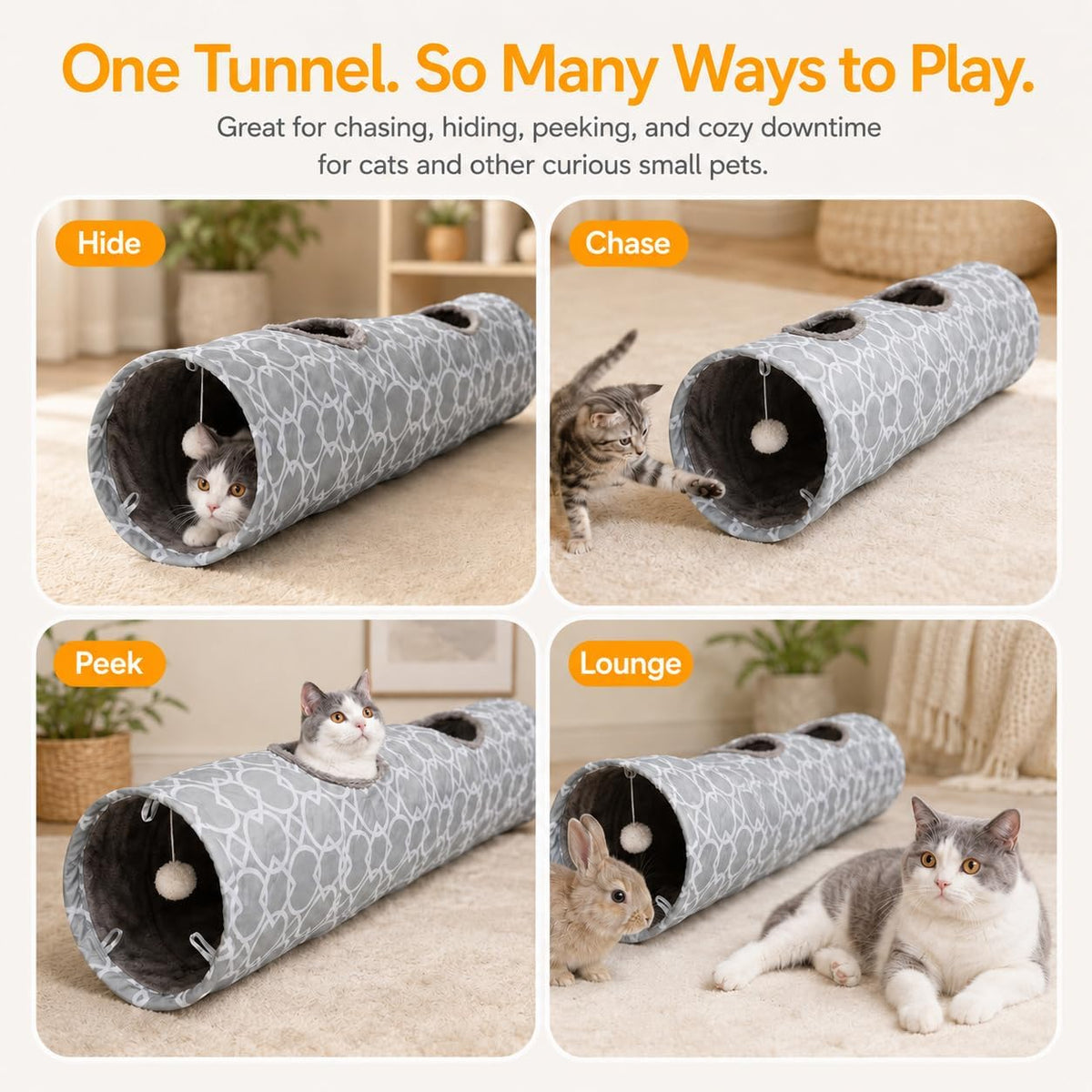 Geometric Straight Cat Tunnel with Plush Interior & Balls